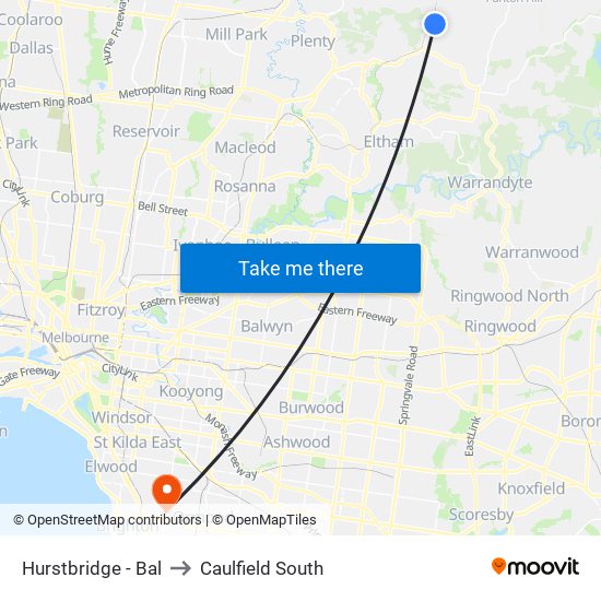 Hurstbridge - Bal to Caulfield South map