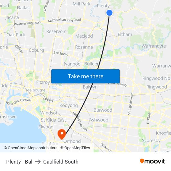 Plenty - Bal to Caulfield South map