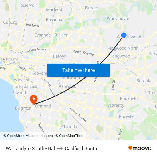 Warrandyte South - Bal to Caulfield South map