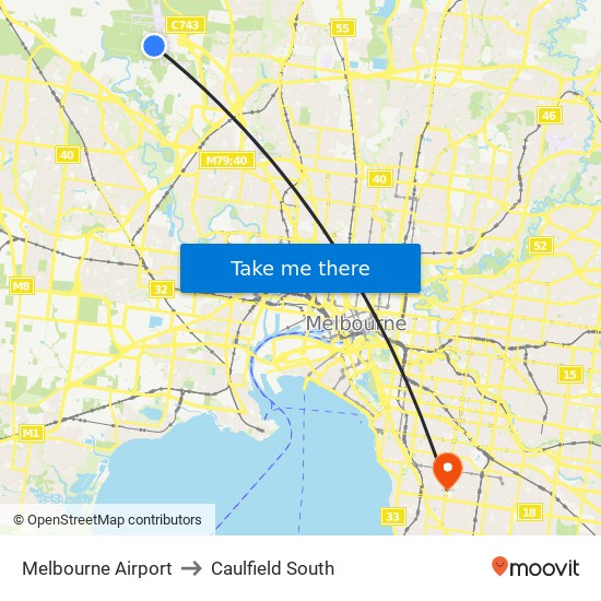 Melbourne Airport to Caulfield South map