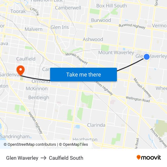 Glen Waverley to Caulfield South map