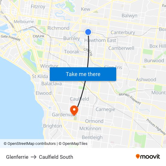 Glenferrie to Caulfield South map