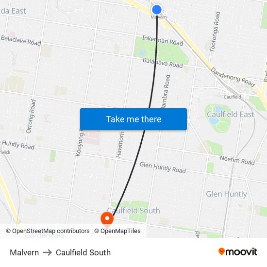 Malvern to Caulfield South map