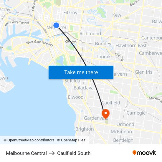 Melbourne Central to Caulfield South map