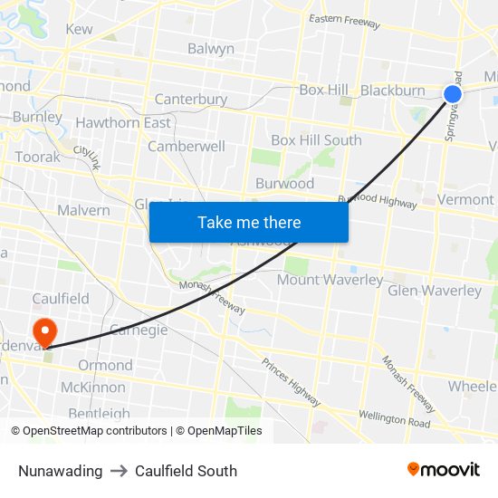 Nunawading to Caulfield South map