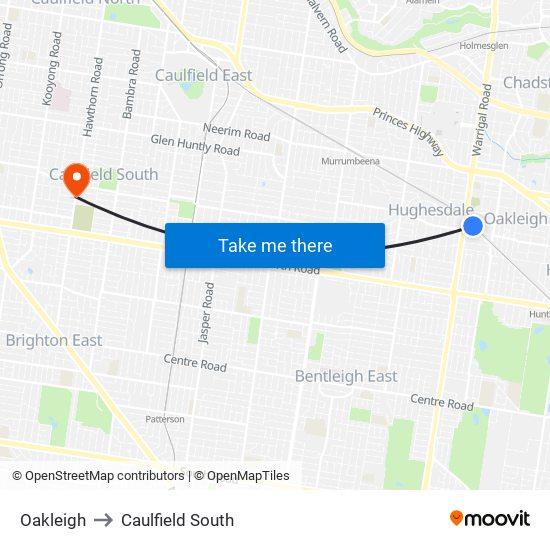 Oakleigh to Caulfield South map