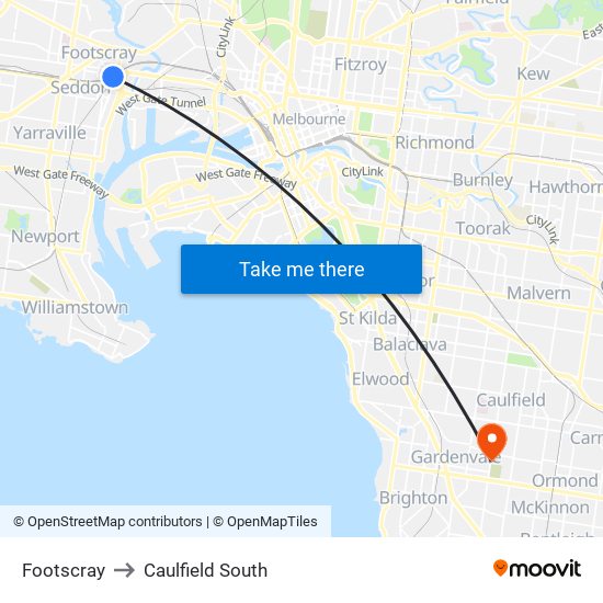 Footscray to Caulfield South map