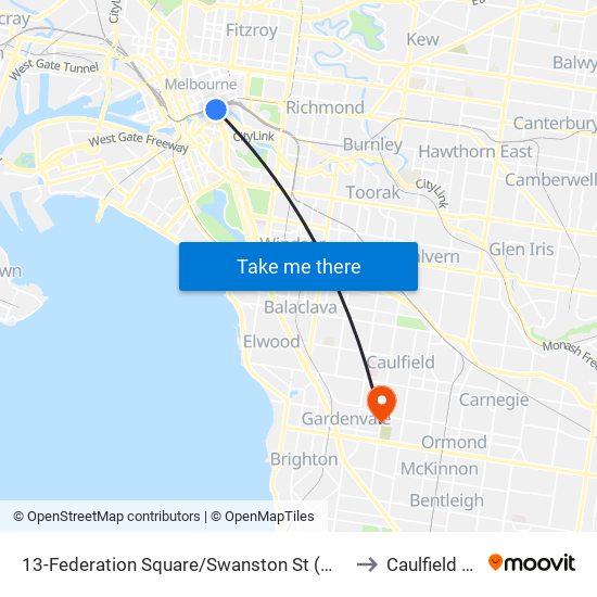 13-Federation Square/Swanston St (Melbourne City) to Caulfield South map