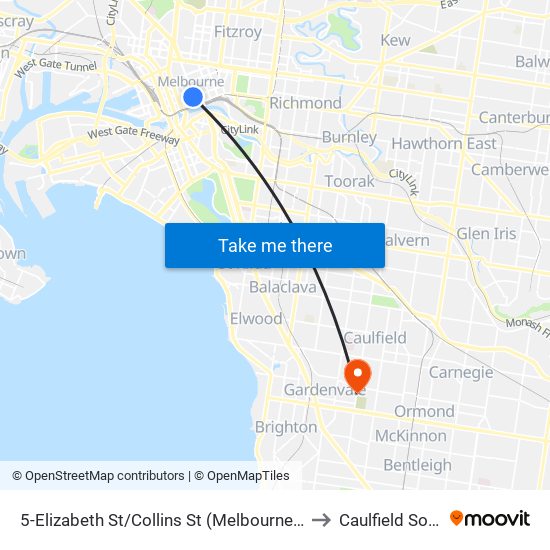 5-Elizabeth St/Collins St (Melbourne City) to Caulfield South map