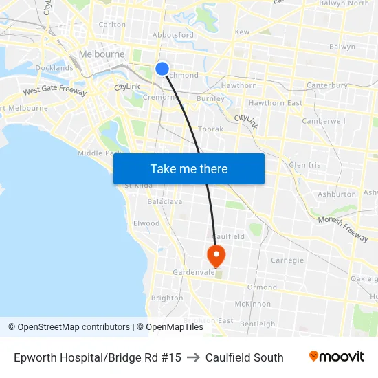 Epworth Hospital/Bridge Rd #15 to Caulfield South map