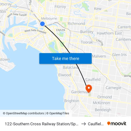 122-Southern Cross Railway Station/Spencer St (Melbourne City) to Caulfield South map