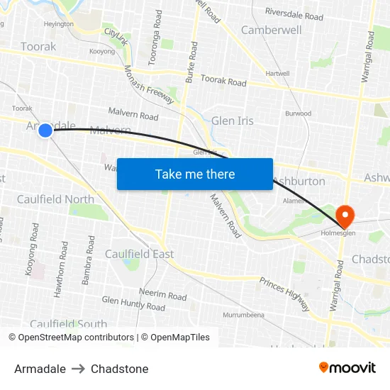 Armadale to Chadstone map