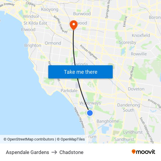 Aspendale Gardens to Chadstone map