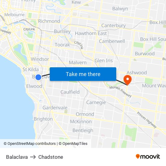 Balaclava to Chadstone map