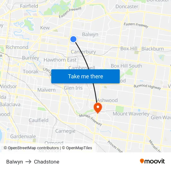 Balwyn to Chadstone map