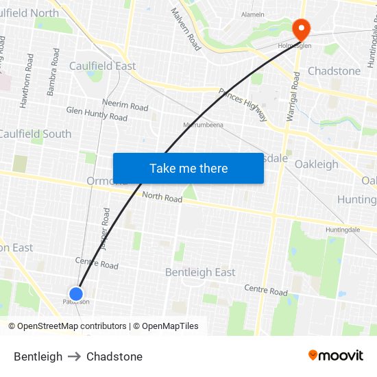 Bentleigh to Chadstone map