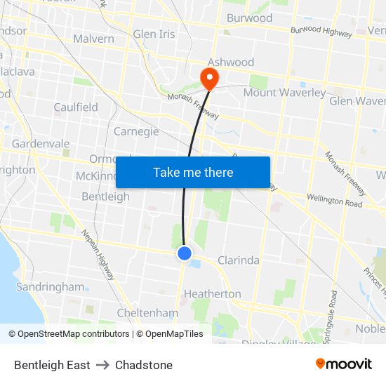 Bentleigh East to Chadstone map