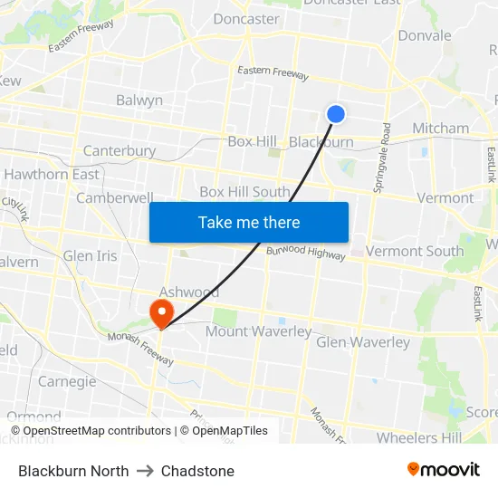 Blackburn North to Chadstone map