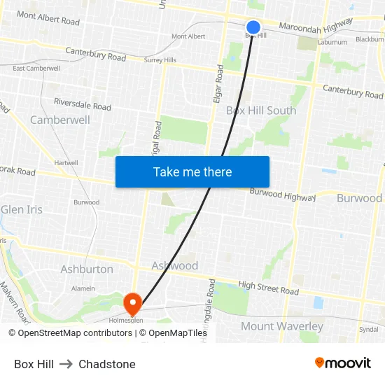 Box Hill to Chadstone map