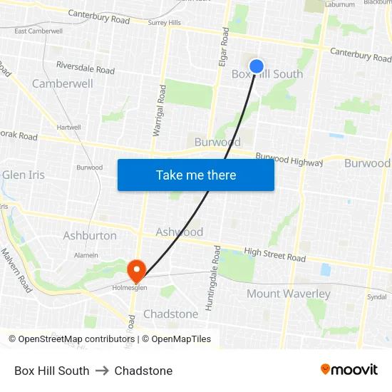 Box Hill South to Chadstone map