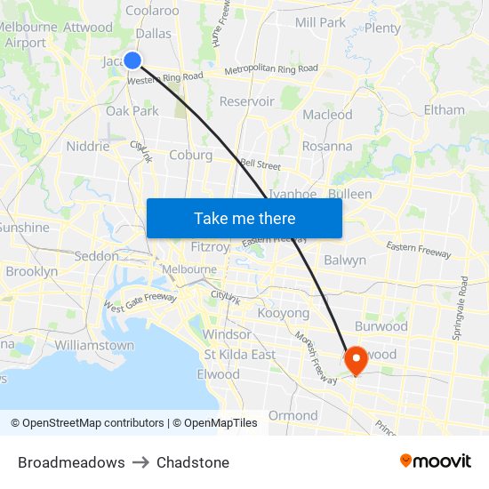 Broadmeadows to Chadstone map