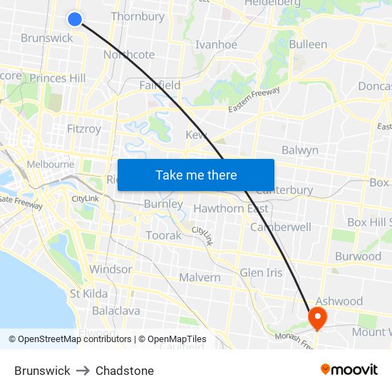 Brunswick to Chadstone map