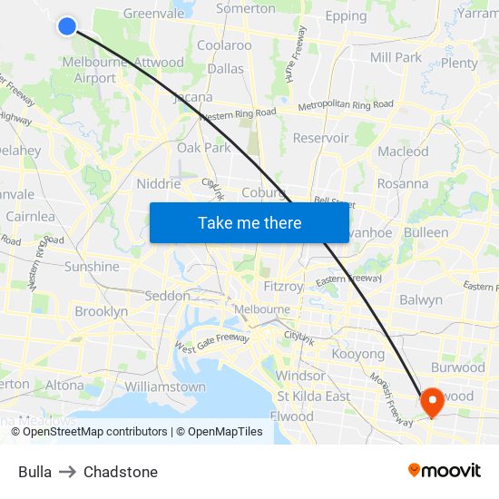 Bulla to Chadstone map