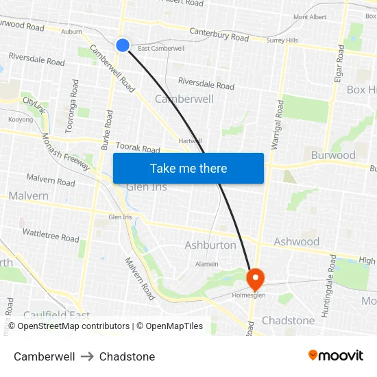 Camberwell to Chadstone map