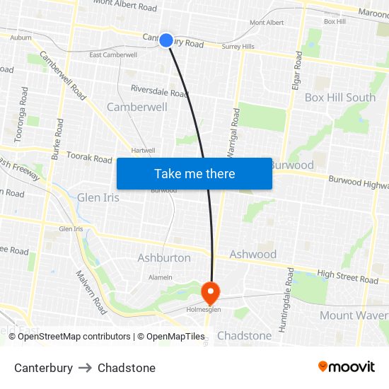 Canterbury to Chadstone map