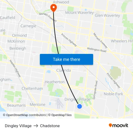 Dingley Village to Chadstone map
