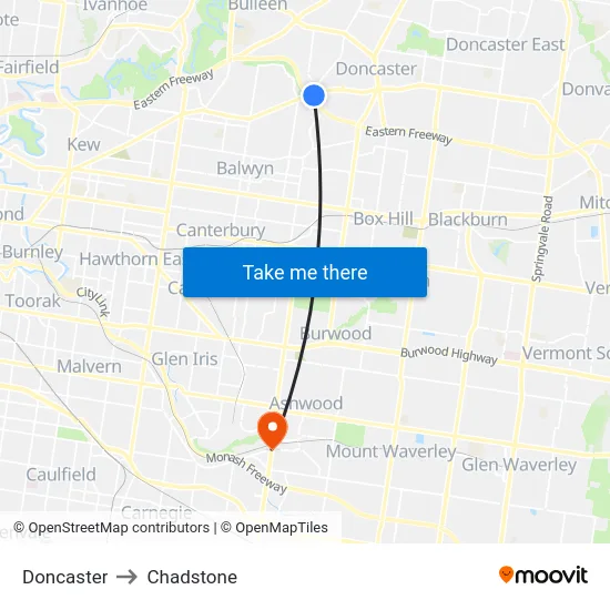 Doncaster to Chadstone map