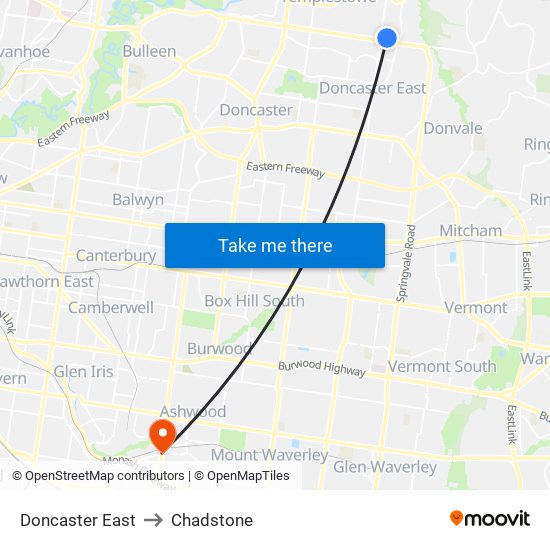 Doncaster East to Chadstone map