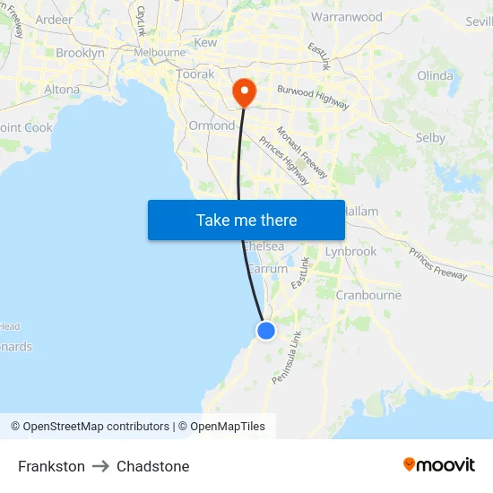 Frankston to Chadstone map