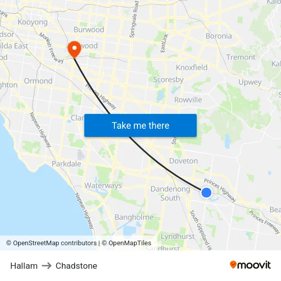 Hallam to Chadstone map