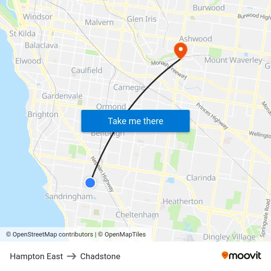 Hampton East to Chadstone map