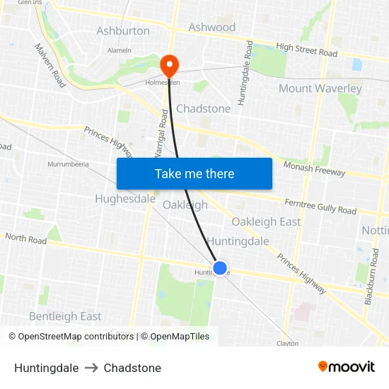 Huntingdale to Chadstone map