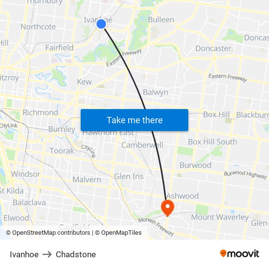 Ivanhoe to Chadstone map