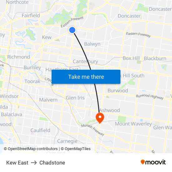 Kew East to Chadstone map