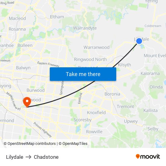 Lilydale to Chadstone map