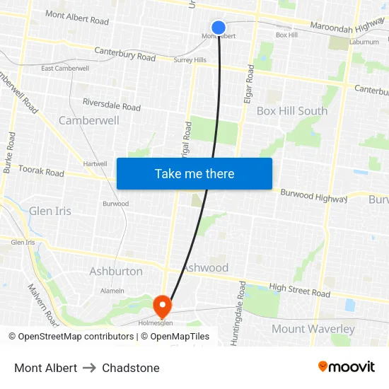 Mont Albert to Chadstone map