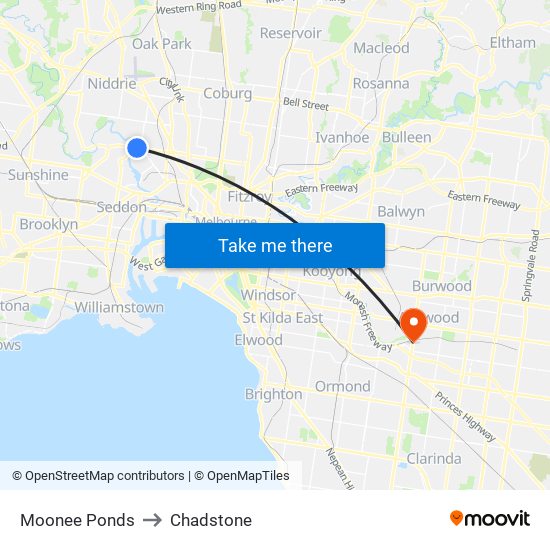 Moonee Ponds to Chadstone map