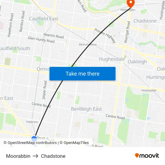 Moorabbin to Chadstone map