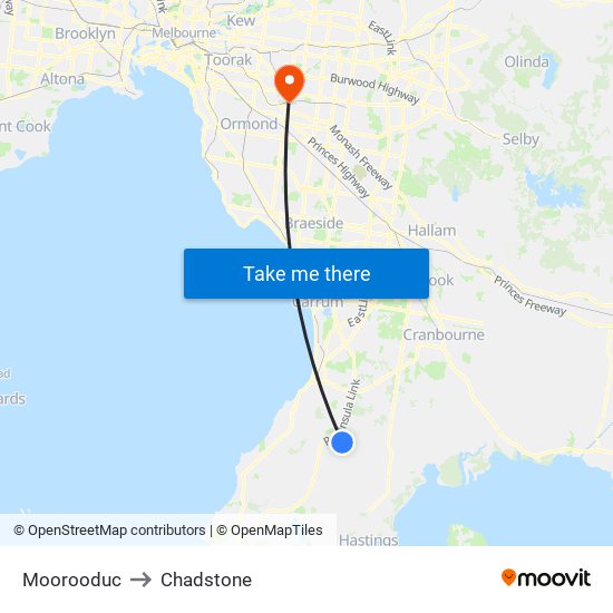 Moorooduc to Chadstone map