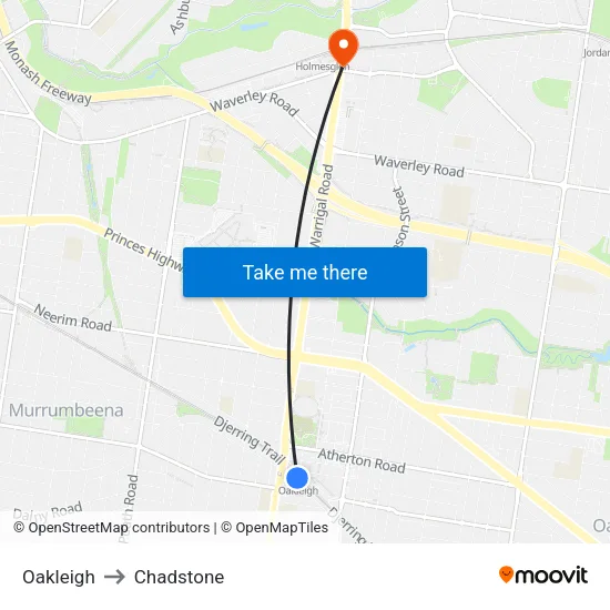 Oakleigh to Chadstone map