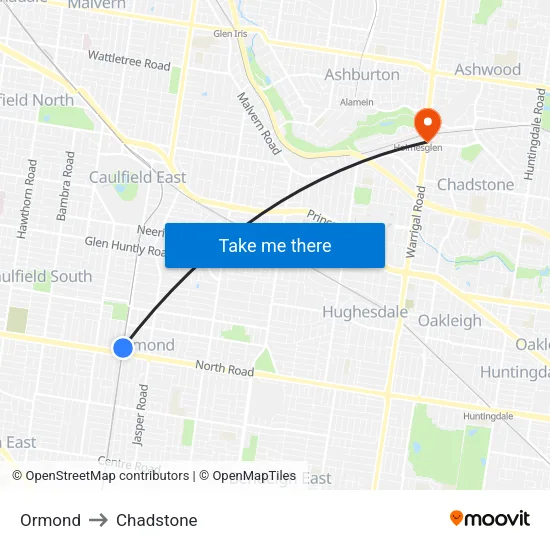 Ormond to Chadstone map