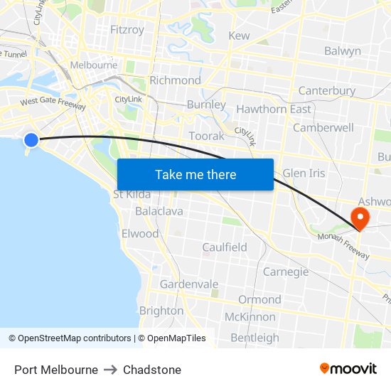 Port Melbourne to Chadstone map