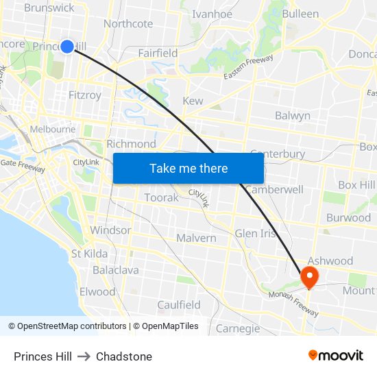 Princes Hill to Chadstone map