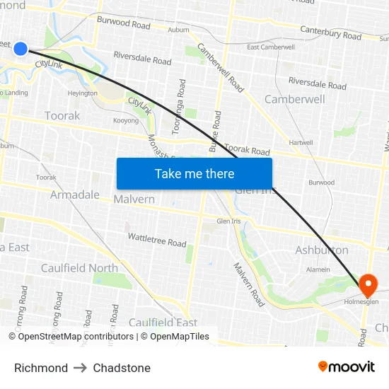 Richmond to Chadstone map