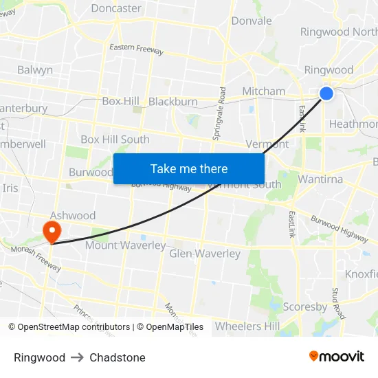 Ringwood to Chadstone map
