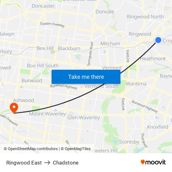 Ringwood East to Chadstone map